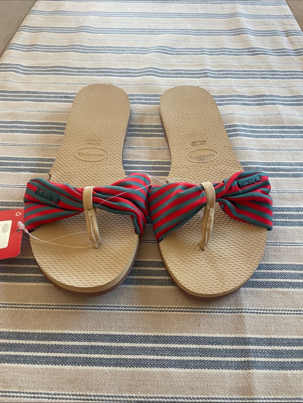 Havaianas Tan Flip Flops with Red and Green Striped Bow